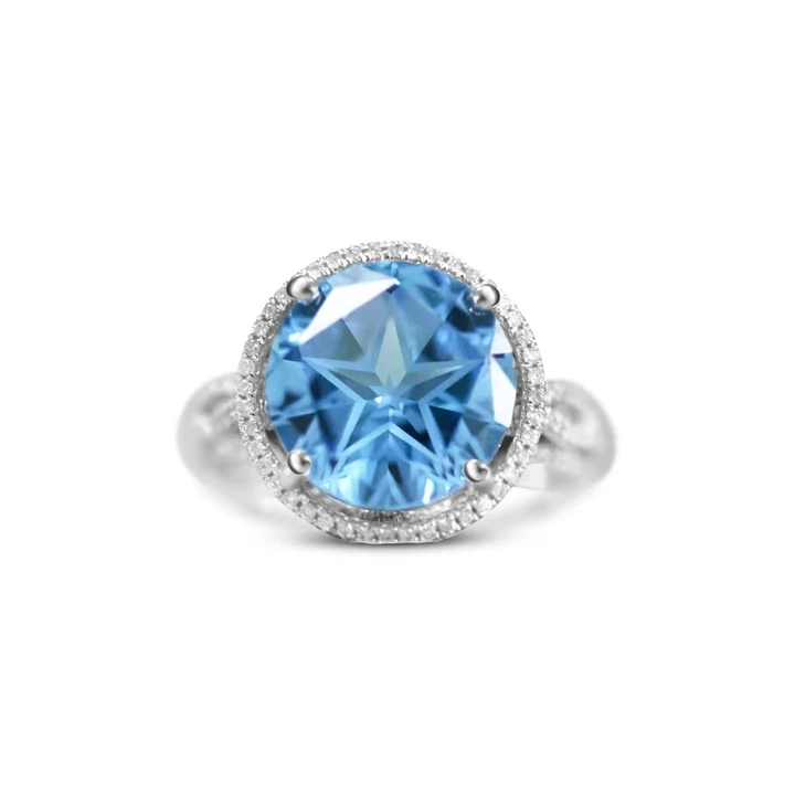 TEXAS STAR CUT BLUE TOPAZ RING WITH HALO